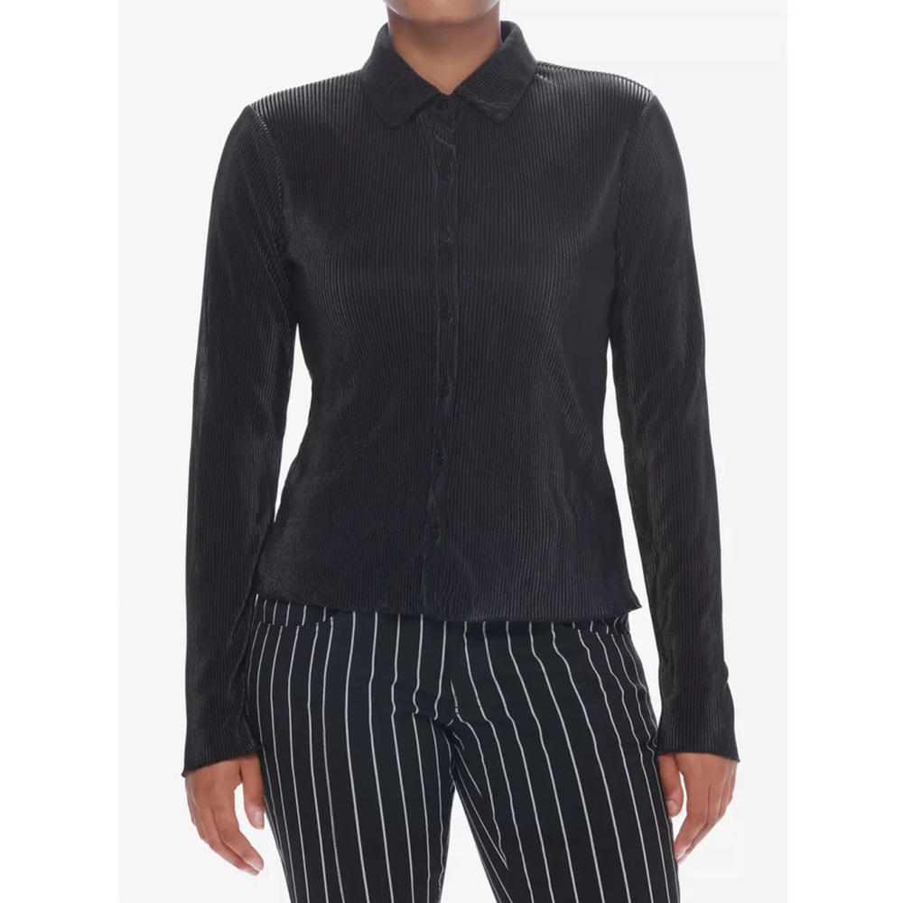 Cyrus Black Ribbed Button Down Long Sleeve Blouse